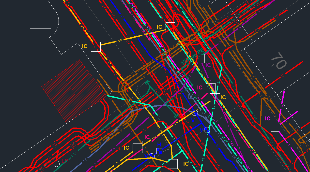 CAD desktop map showing colour coded assets